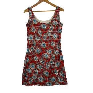 Isle‎ Apparel Mini Dress Womens M Red Floral Ruffle Tiered Sleeveless Stretch
